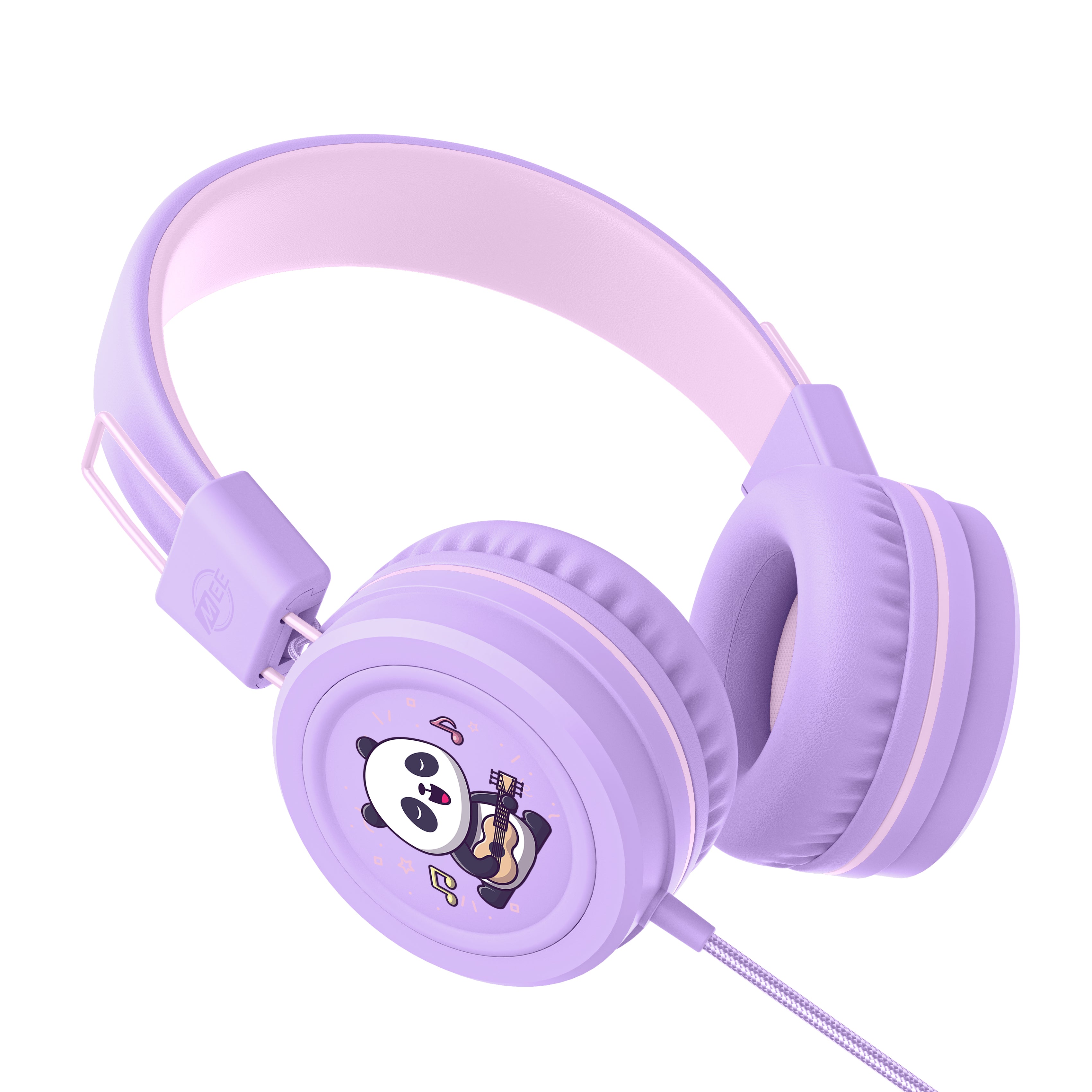 Lavender KidJamz KJ55AUX headphones with a panda design on a white background