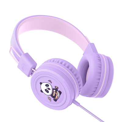 Lavender KidJamz KJ55AUX headphones with a panda design on a white background
