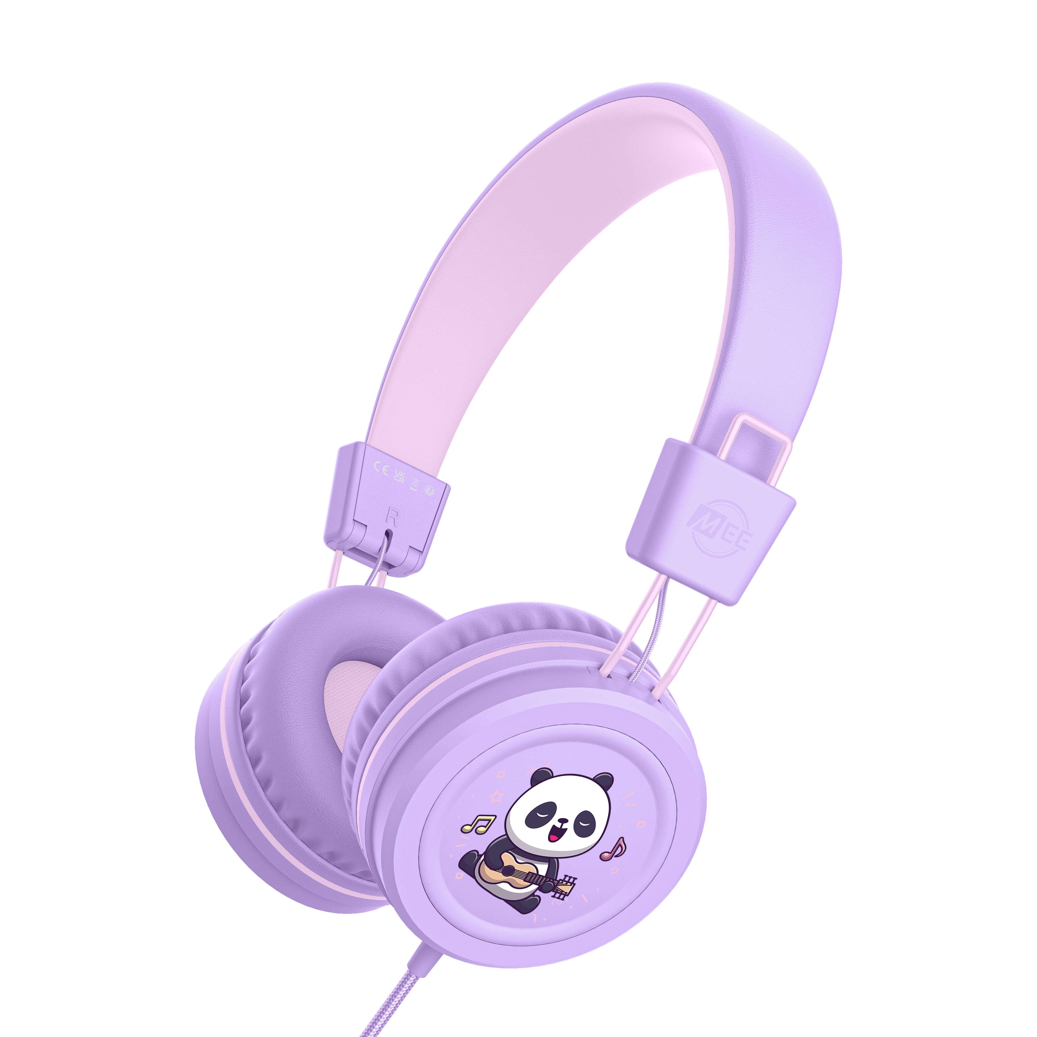Lavender KidJamz KJ55AUX headphones with a colored panda design on a white background