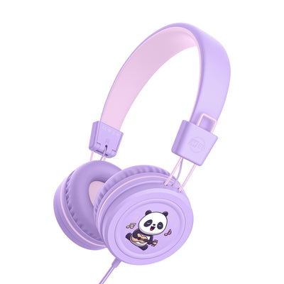Lavender KidJamz KJ55AUX headphones with a colored panda design on a white background