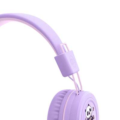 Close-up of Lavender KidJamz KJ55AUX headphones with panda design on a white background