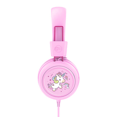 Pink KidJamz KJ55AUX headphones with a colored unicorn design on a white background
