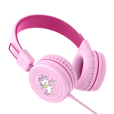 Pink KidJamz KJ55AUX headphones with a unicorn design on a white background

