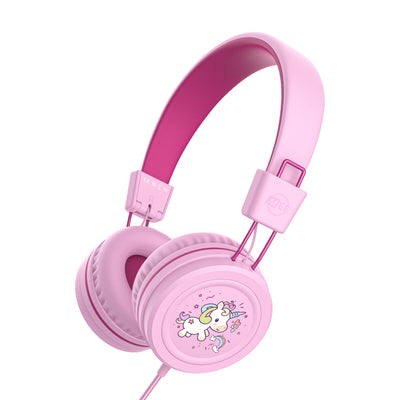 Pink KidJamz KJ55AUX headphones with a unicorn design on a white background
