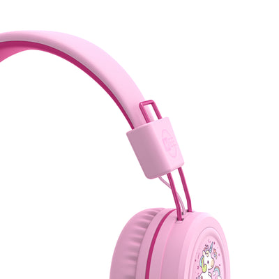 Close-up of pink KidJamz KJ55AUX headphones with a cartoon Unicorn design on a white background
