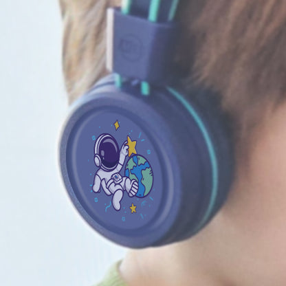 Child wearing Blue KJ55AUX headphones with an astronaut and planet design.
