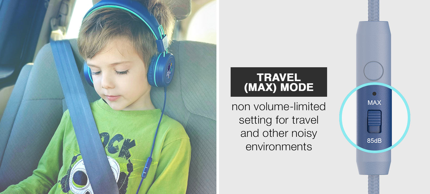 Child wearing blue KJ55AUX headphones in a car seat with travel mode settings displayed.