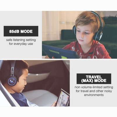 One boy using Black KJ55BT KidJamz headphones with a built-in volume limiter to maintain the sound pressure level (SPL) below the recommended 85dB limit, keeping young ears safe and helping build lifelong good listening habits; while the other boys uses the headphones in Travel (MAX) Mode