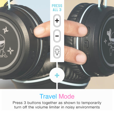 A specific button combination lets parents temporarily disable the volume limiter so that the Black KidJamz KJ55BT headphones can be used in noisy environments, such as while traveling. 