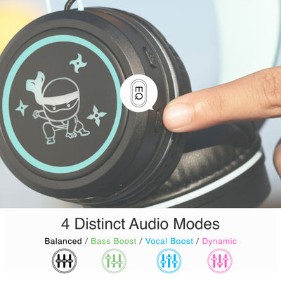 Black MEE audio KidJamz KJ55BT wireless headphones with text explaining the four distinct audio modes at the touch of a button: bass boost, vocal boost, dynamic, balanced