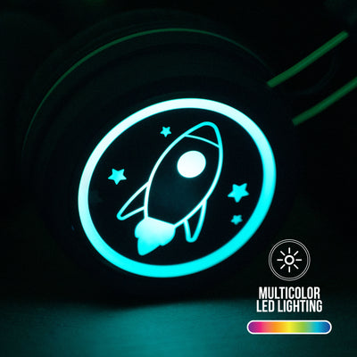 Multicolor LED lights on a Blue KJ55BT KidJamz Headphone
with 8 colors and patterns illuminate the space themed graphics on each ear cup with no batteries required on a dark background