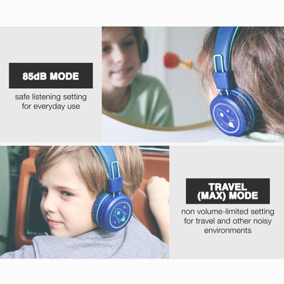One boy using Blue KJ55BT KidJamz headphones with a built-in volume limiter to maintain the sound pressure level (SPL) below the recommended 85dB limit, keeping young ears safe and helping build lifelong good listening habits; while the other boys uses the headphones in Travel (MAX) Mode