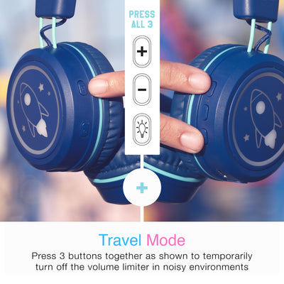 A specific button combination lets parents temporarily disable the volume limiter so that the Blue KidJamz KJ55BT headphones can be used in noisy environments, such as while traveling. 