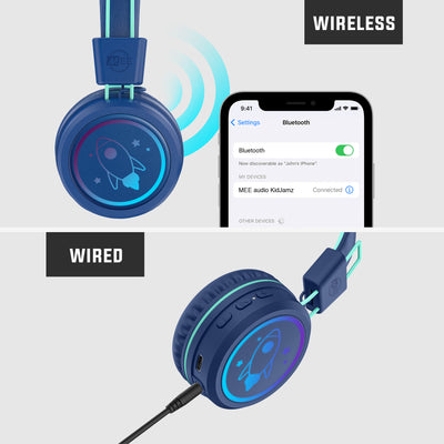 Blue MEE audio KidJamz KJ55BT wireless headphones are displayed supporting both wireless and wired connection via Bluetooth or standard 3.5mm jack for widest compatibility.