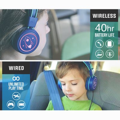 One child using a Blue KJ55BT KidJamz headphones , wirelessly in Bluetooth mode; while the other child uses the headphones wired into device.