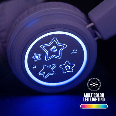 Multicolor LED lights on a Lavender KJ55BT KidJamz Headphone
with 8 colors and patterns illuminate the star themed graphics on each ear cup with no batteries required on a dark background