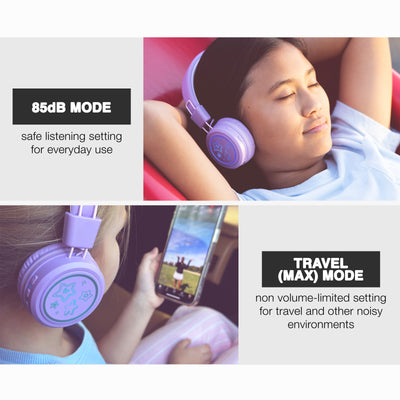 One girl using Lavender KJ55BT KidJamz headphones with a built-in volume limiter to maintain the sound pressure level (SPL) below the recommended 85dB limit, keeping young ears safe and helping build lifelong good listening habits; while the other girl uses the headphones in Travel (MAX) Mode while on a smartphone. 