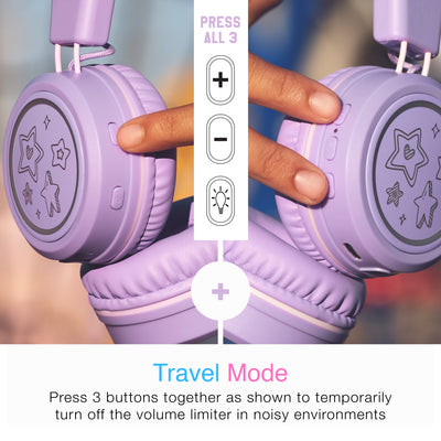 A specific button combination lets parents temporarily disable the volume limiter so that the Lavender KidJamz KJ55BT headphones can be used in noisy environments, such as while traveling. 