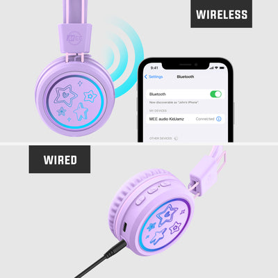 Lavender MEE audio KidJamz KJ55BT wireless headphones are displayed supporting both wireless and wired connection via Bluetooth or standard 3.5mm jack for widest compatibility.