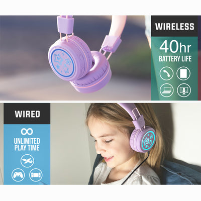 Lavender KJ55BT KidJamz headphones promoting wireless use in Bluetooth mode; while a child uses the headphones wired into device.