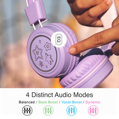 Lavender MEE audio KidJamz KJ55BT wireless headphones with text explaining the four distinct audio modes at the touch of a button: bass boost, vocal boost, dynamic, balanced