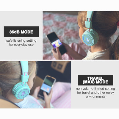 One girl using a Mint KJ55BT KidJamz headphones with a built-in volume limiter to maintain the sound pressure level (SPL) below the recommended 85dB limit, keeping young ears safe and helping build lifelong good listening habits; while the other girl uses the headphones in Travel (MAX) Mode