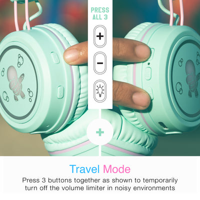 A specific button combination lets parents temporarily disable the volume limiter so that the Mint KidJamz KJ55BT headphones can be used in noisy environments, such as while traveling. 