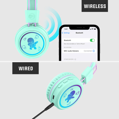 MEE audio KidJamz KJ55BT wireless headphones are designed to protect children’s hearing as they listen to movies, music, and games, giving parents peace of mind while kids enjoy the comfortable fit, long battery life, and multicolor LED-backlit designs on each earcup. Supports both wireless and wired connection via Bluetooth or standard 3.5mm jack for widest compatibility