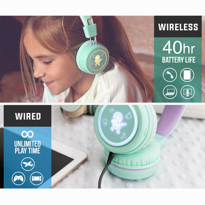 A child using a Mint KJ55BT KidJamz headphones, wirelessly in Bluetooth mode; while another headphone is displayed wired into a device.