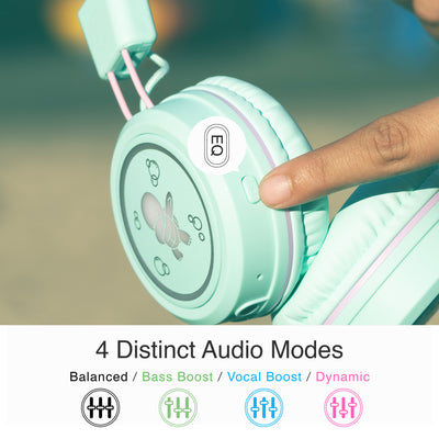 Mint MEE audio KidJamz KJ55BT wireless headphones with text explaining the four distinct audio modes at the touch of a button: bass boost, vocal boost, dynamic, balanced