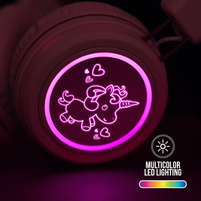 Multicolor LED lights on a Pink KJ55BT KidJamz Headphone
with 8 colors and patterns illuminate the unicorn graphics on each ear cup with no batteries required on a dark background