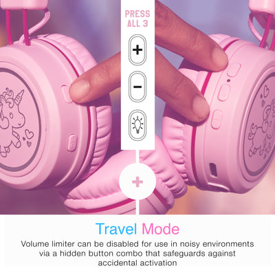A specific button combination lets parents temporarily disable the volume limiter so that the Pink KidJamz KJ55BT headphones can be used in noisy environments, such as while traveling. 