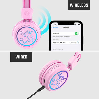 Pink MEE audio KidJamz KJ55BT wireless headphones are displayed supporting both wireless and wired connection via Bluetooth or standard 3.5mm jack for widest compatibility.