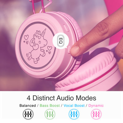 Pink MEE audio KidJamz KJ55BT wireless headphones with text explaining the four distinct audio modes at the touch of a button: bass boost, vocal boost, dynamic, balanced