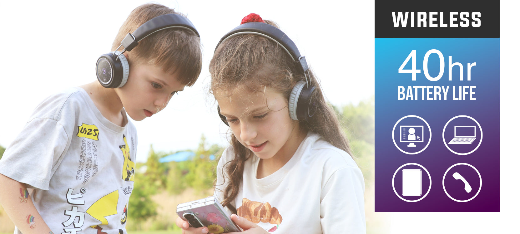 Two children wearing MEE audio KidJamz Share Bluetooth Wireless Headphones for Kids with Multipoint, LED Lights, 85dB Volume Limiter, Microphone, 40h battery; Childrens Headset for School/iPhone/iPad/Tablet  in a park setting