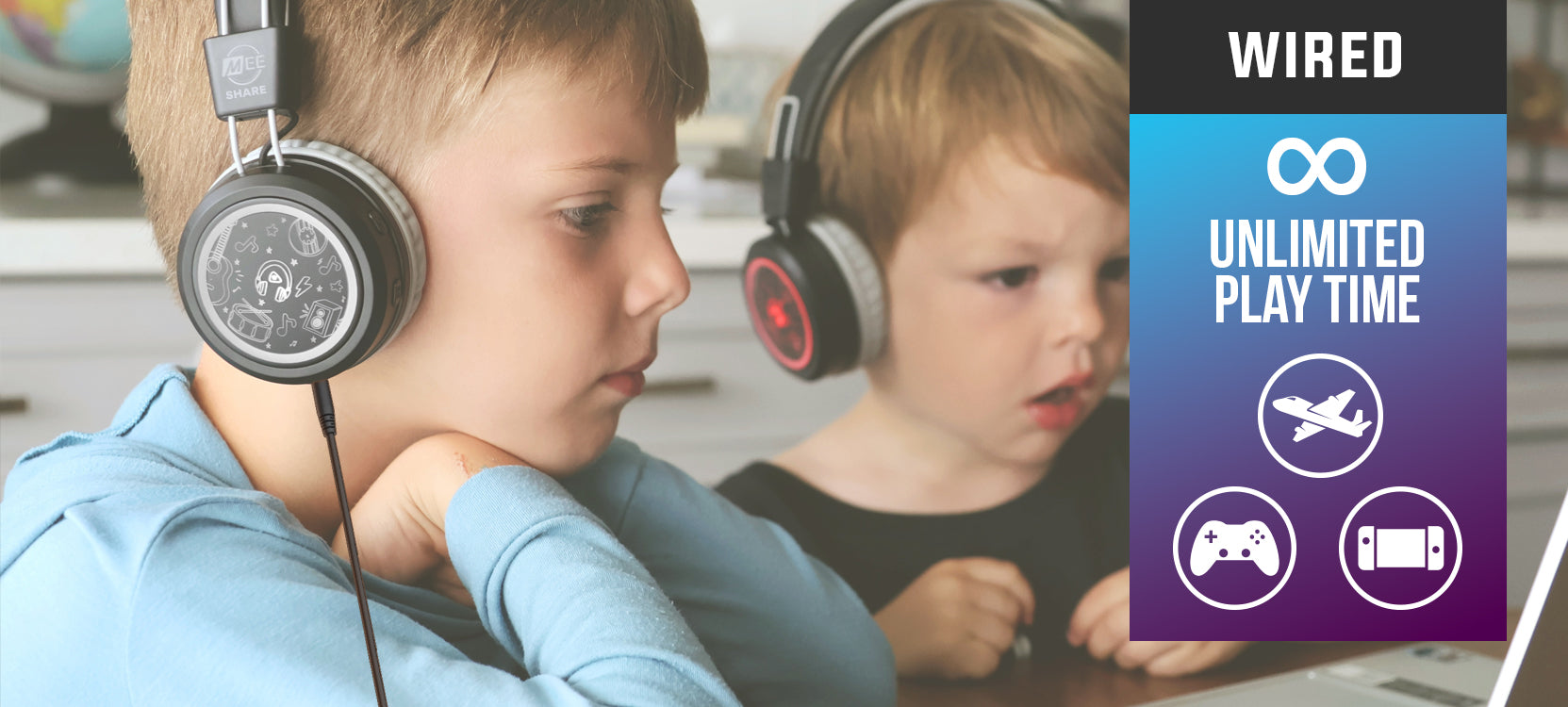 Two children wearing MEE audio KidJamz Share Bluetooth Wireless Headphones for Kids with Multipoint, LED Lights, 85dB Volume Limiter, Microphone, 40h battery; Childrens Headset for School/iPhone/iPad/Tablet 