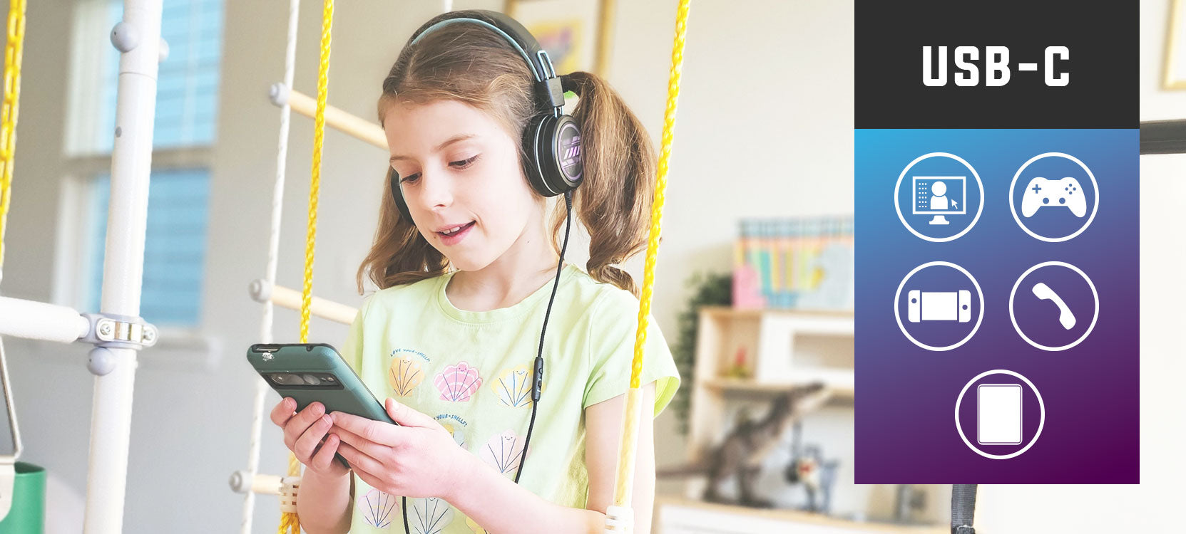 A young girl wearing headphones uses a smartphone, with graphics showing usb-c compatibility symbols for various devices on the right side.