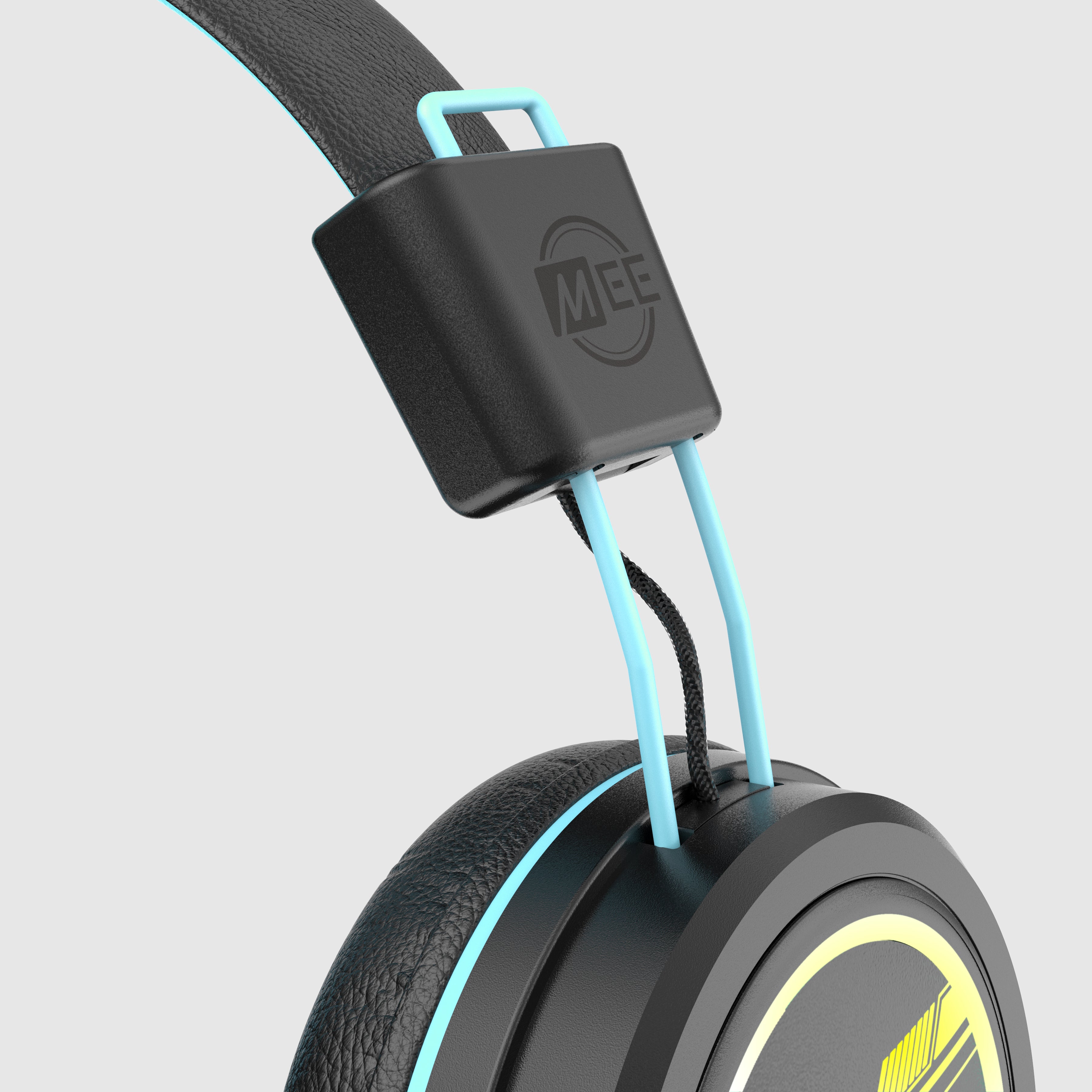Close-up of a modern headphone, highlighting a sleek design with a blue audio cable connected to an earcup featuring a neon blue trim and a branded logo.