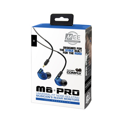 Image of blue M6 PRO Noise-Isolating Musician’s In-Ear Monitors in retail packaging.