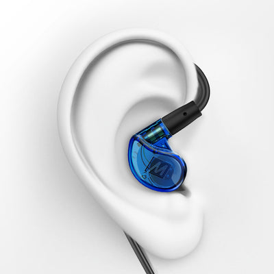 Blue MEE audio M6PRO in-ear monitor attached to a black audio cable on a white ear model