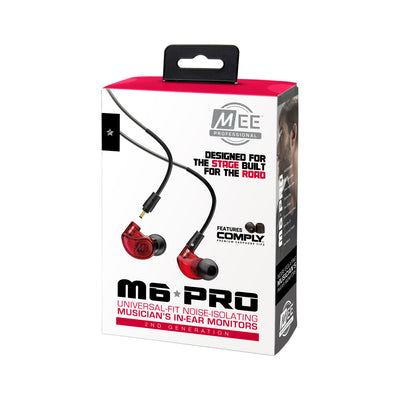 Image of red M6 PRO Noise-Isolating Musician’s In-Ear Monitors in a retail packaging.