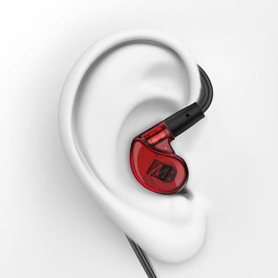 Red MEE audio M6PRO in-ear monitor attached to a black audio cable on a white ear model