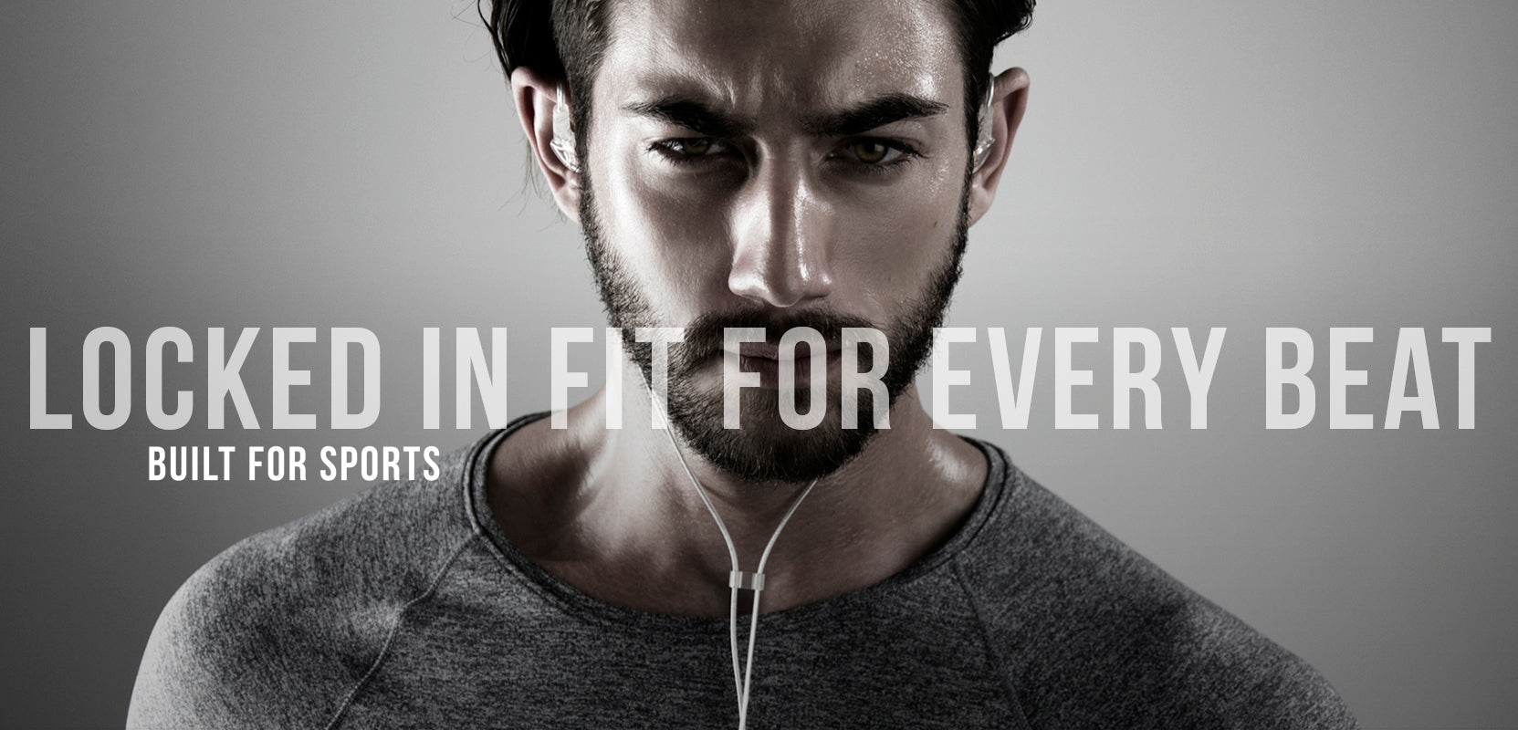 A close-up of a focused man wearing earphones, with the text "locked in fit for every beat - built for sports" across the image, promoting headphones designed for athletic use.