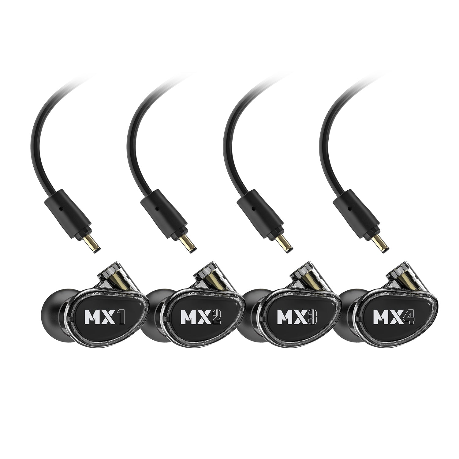 Black MX PRO Series in-ear monitors with black audio cables on a white background