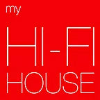 A graphic image featuring the words "my hi-fi house" in white letters on a bright red background. the text "hi-fi" is larger and emphasized compared to the other words.