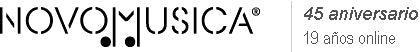 Logo for "novomusica," featuring stylized black text and a symbolic dot, along with the texts "45 aniversario" and "19 aÃ±os online.