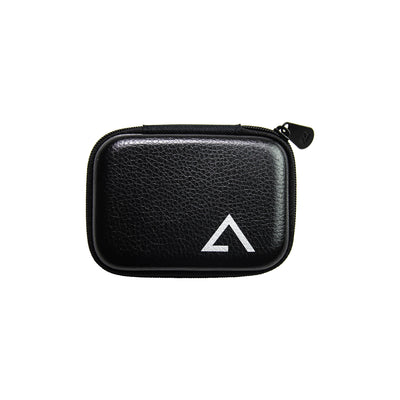 Black zippered leather carrying case for P2 earphones on a white background