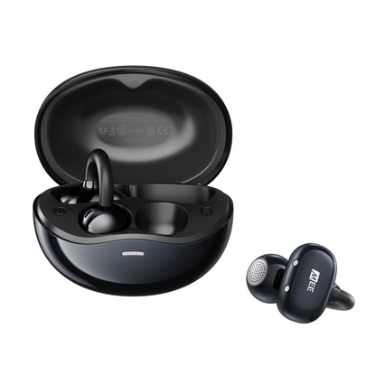 Black Pebbles Air earbuds with charging case on a white background

