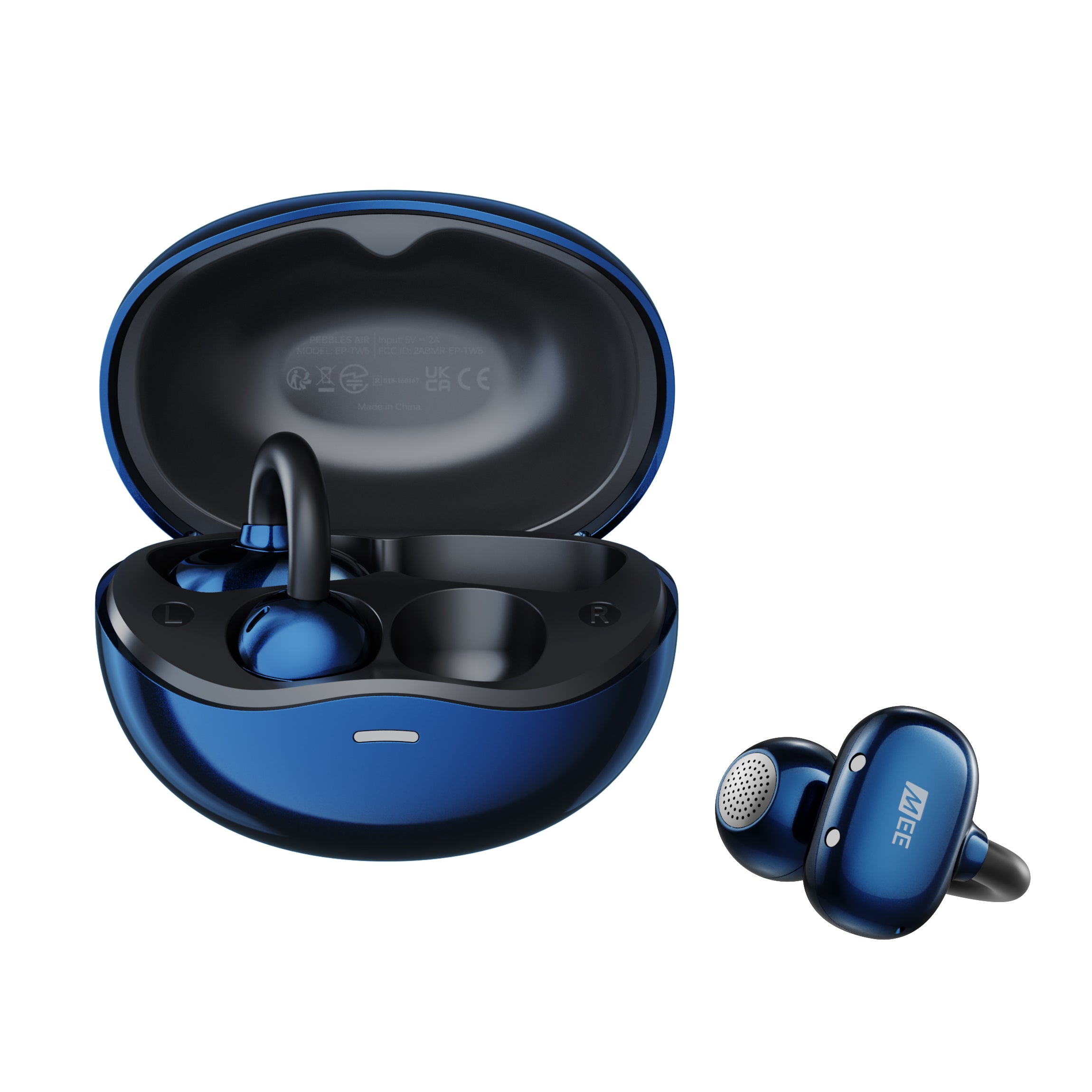 Blue Pebbles Air earbuds with charging case on a white background
