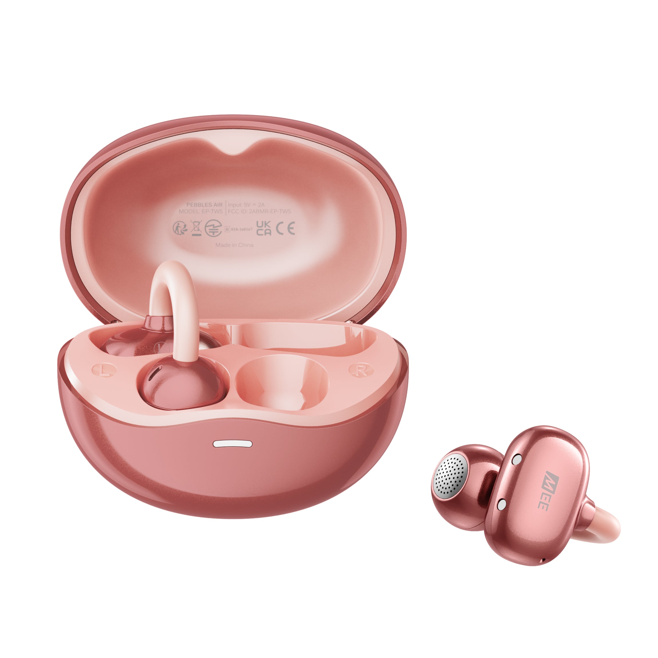Pink Pebbles Air earbuds with charging case on a white background

